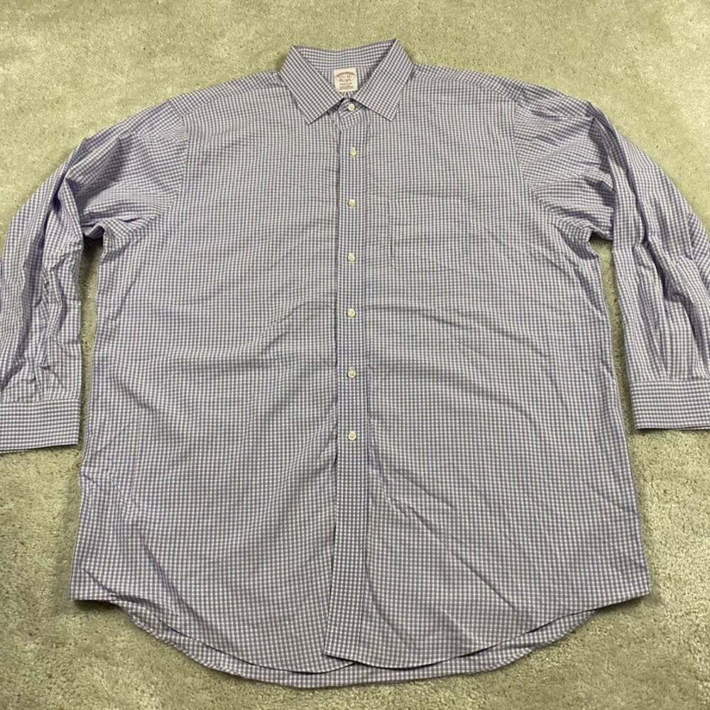 Brooks Brothers Button Down Shirt Mens 17.5 34 Blue Plaid Madison‎ Non Iron